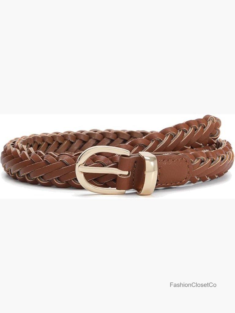 Woven Braided Pu Leather Dress Belt Adjustable Skinny Belt
